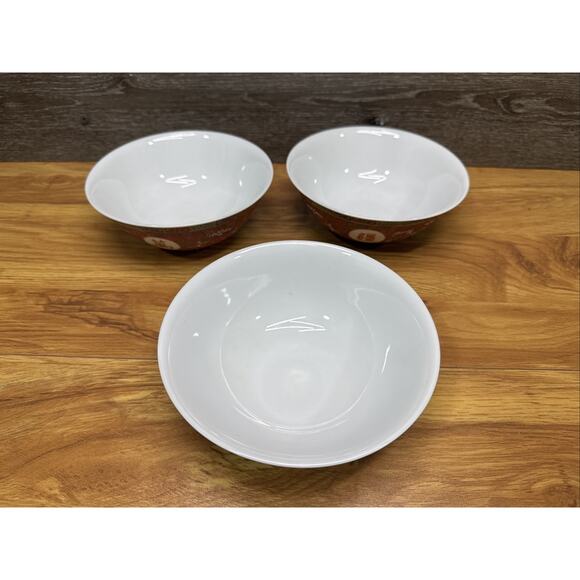 Vintage Chinese WAN SHOU WU JIANG 6-3/8”Bowl Longevity Porcelain ~set Of 3 - Picture 4 of 7